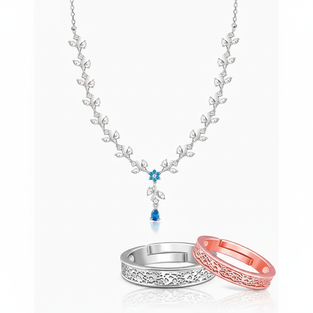 Azure Vine Necklace + Dual Tone Destined Hearts Couple Bands