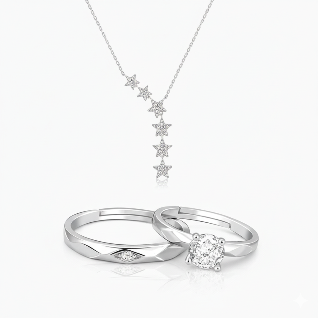 Silver Rhomb Couple Band + Silver Starry Drop Necklace