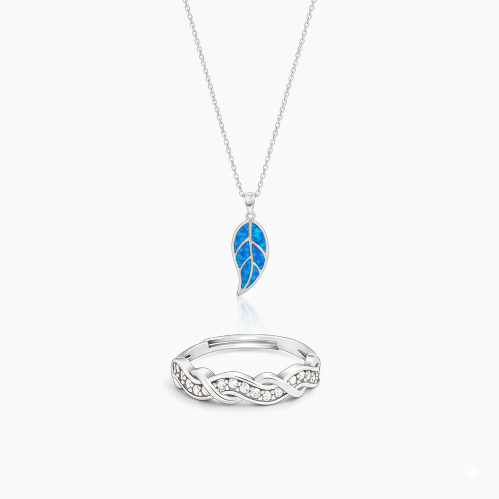 Silver Zircon Winding Wave Ring + Silver Mystic Blue Leaf Pendant with Link Chain